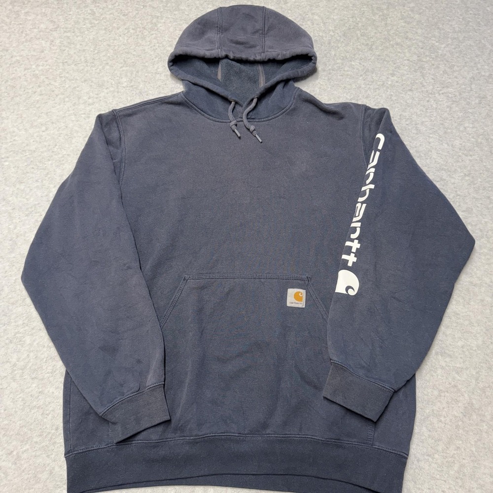 Carhartt Hoodie Mens L Blue Loose Fit Sleeve Logo Fleece Pullover Sweatshirt